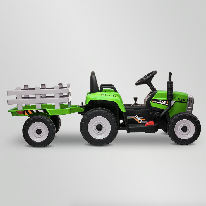 Traktor na akumulator s prikolico zelen