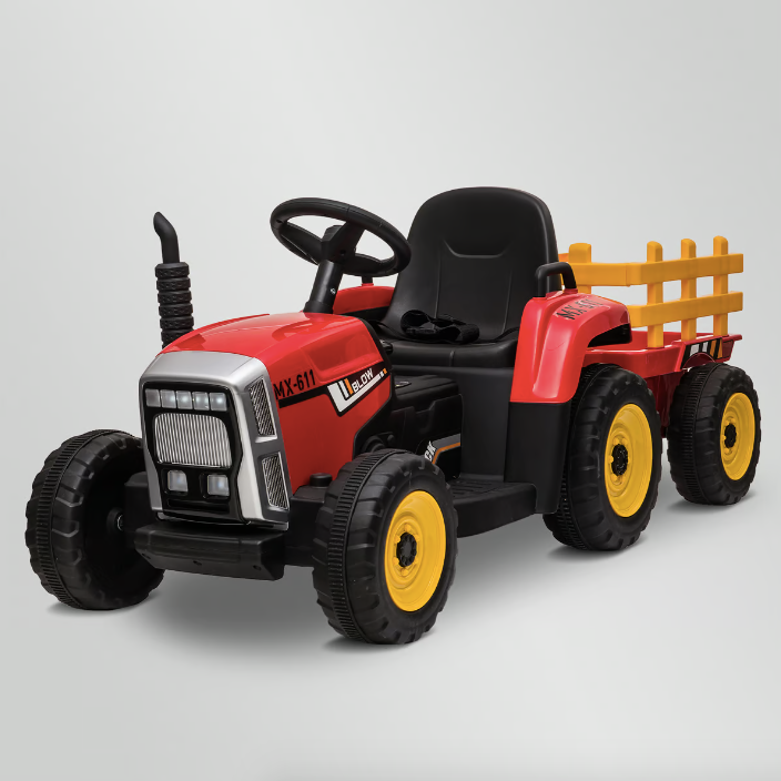 Traktor na akumulator s prikolico rdeč